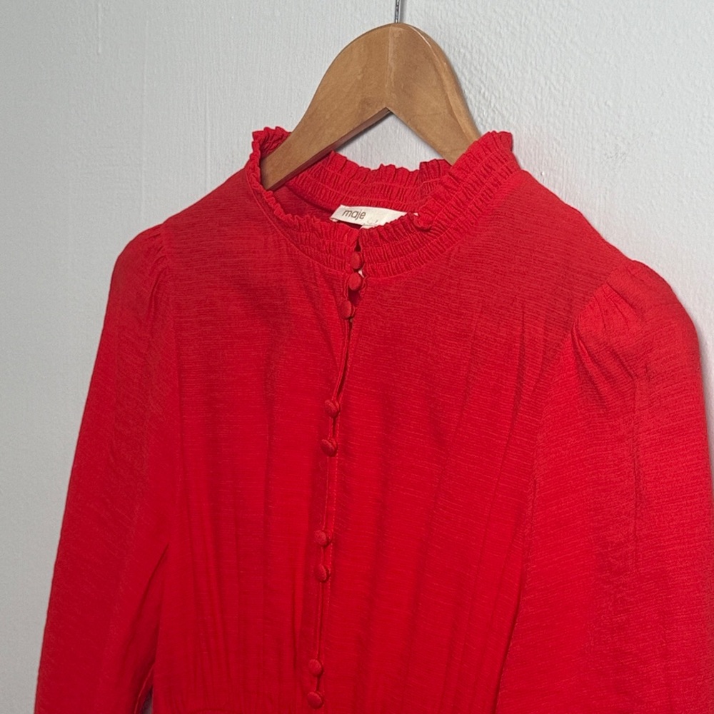 Maje Paris Collared Button Front Red Smocked Midi Dress  Size M/EU 40